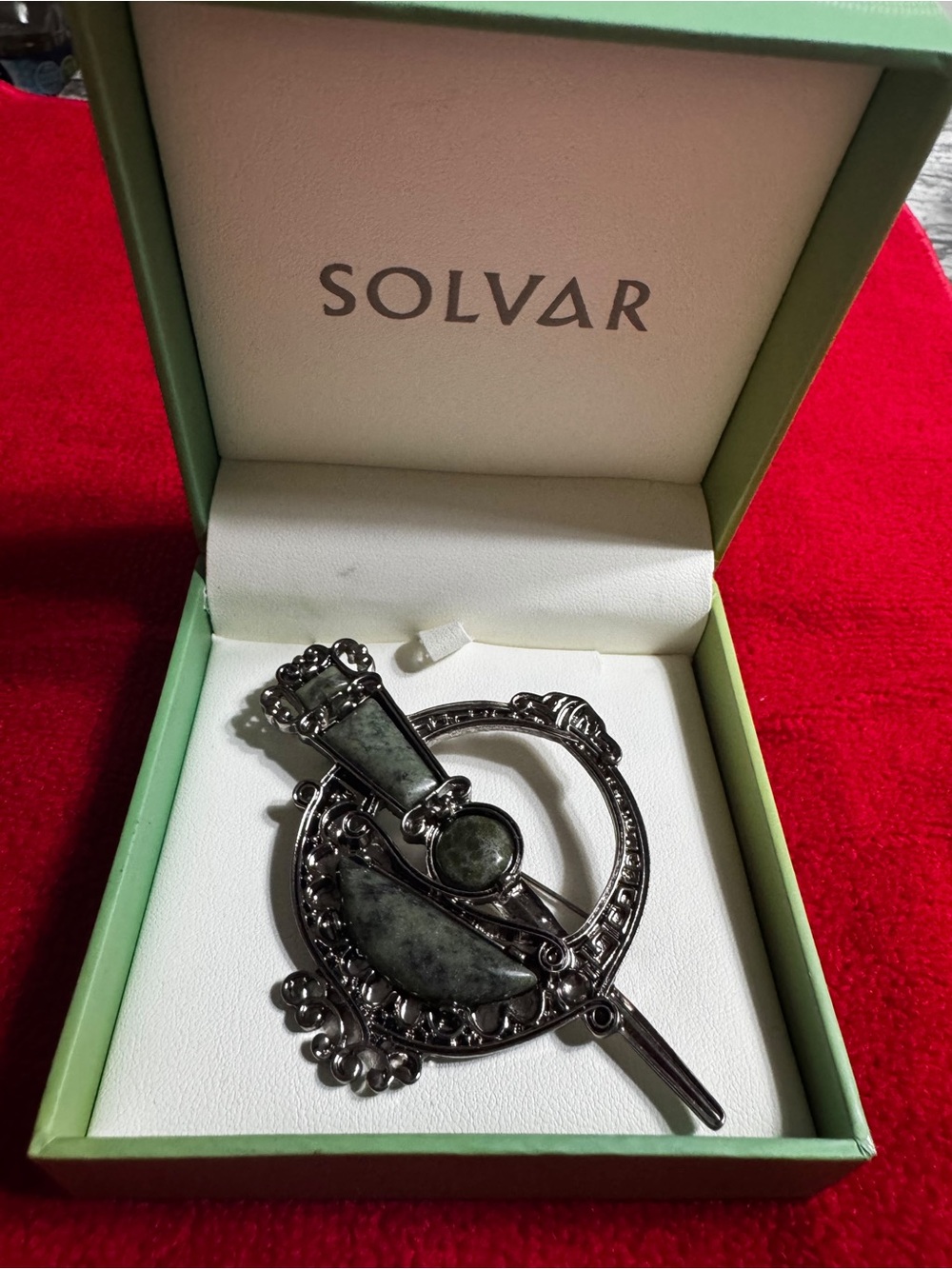 SOLVAR Irish Connemara Marble Celtic Tara Brooch Pin Silver Tone with Box